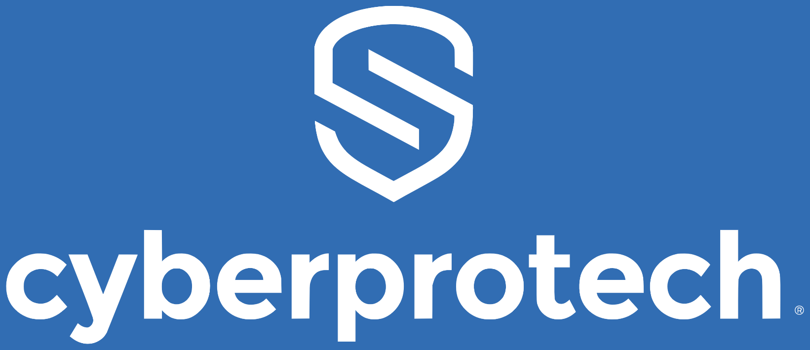 Logótipo vertical Cyberprotech · Branco · fundo azul céu