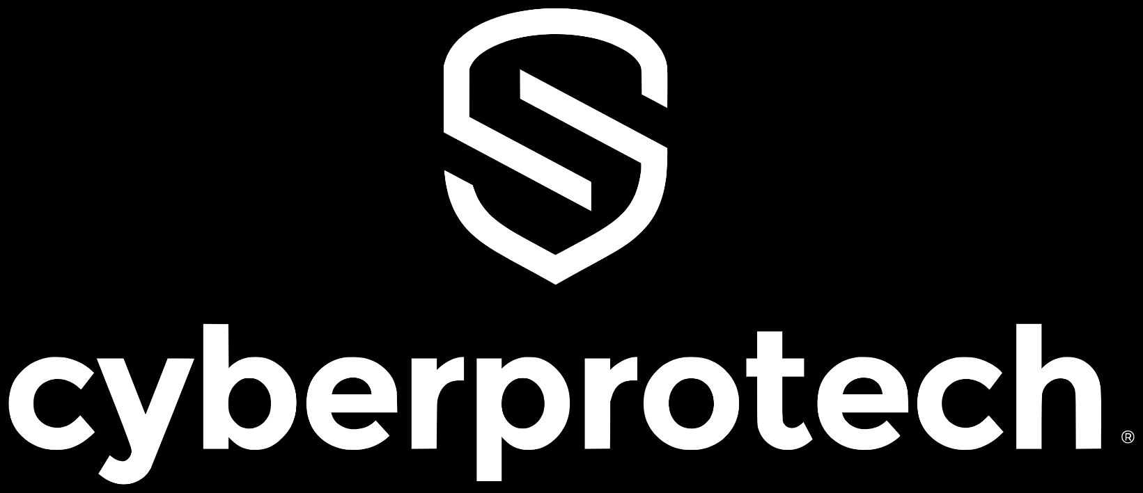Logótipo vertical Cyberprotech · Branco · fundo preto