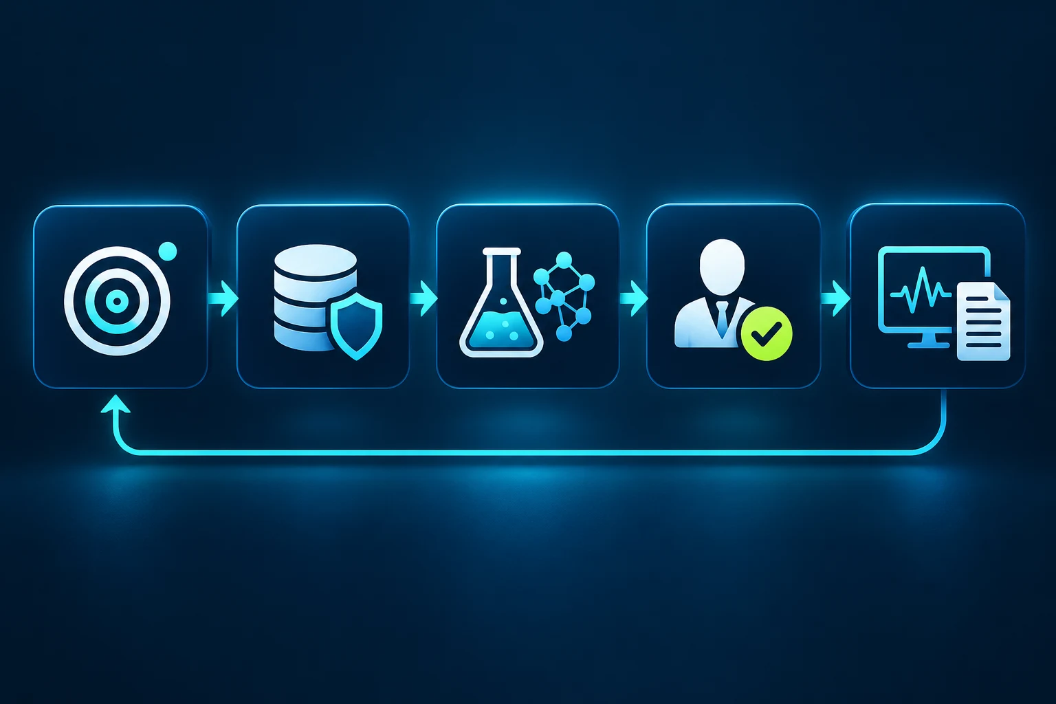 Five-stage cycle: define purpose, protect data, test AI, human validation, monitor and review