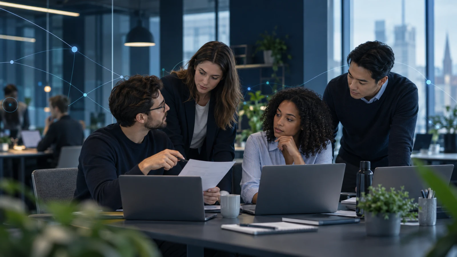 Equipa a colaborar num ambiente de trabalho com sinais visuais discretos de ligação e proteção digital