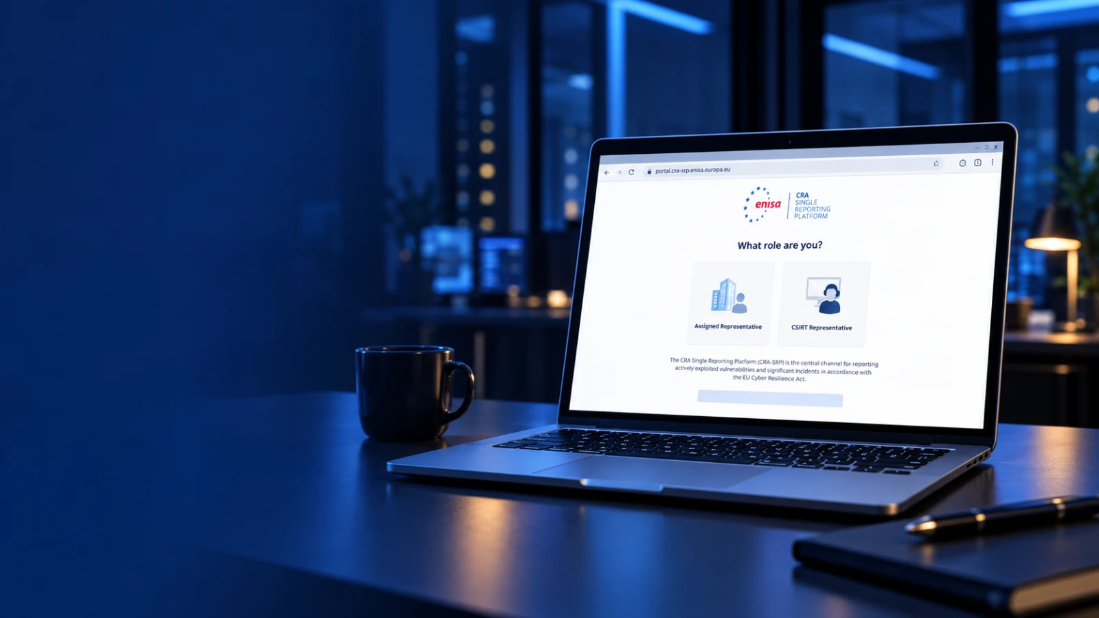 Laptop displaying a secure European reporting flow for vulnerabilities and incidents