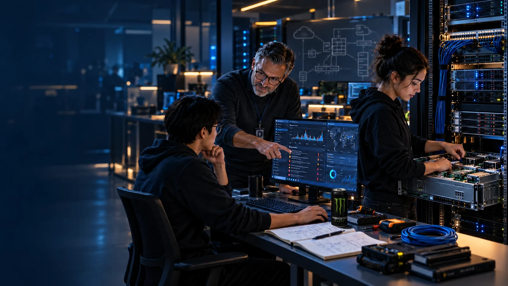 Tutor explaining a SIEM dashboard to an intern while another intern configures an open server in a rack, with technical notes on the desk