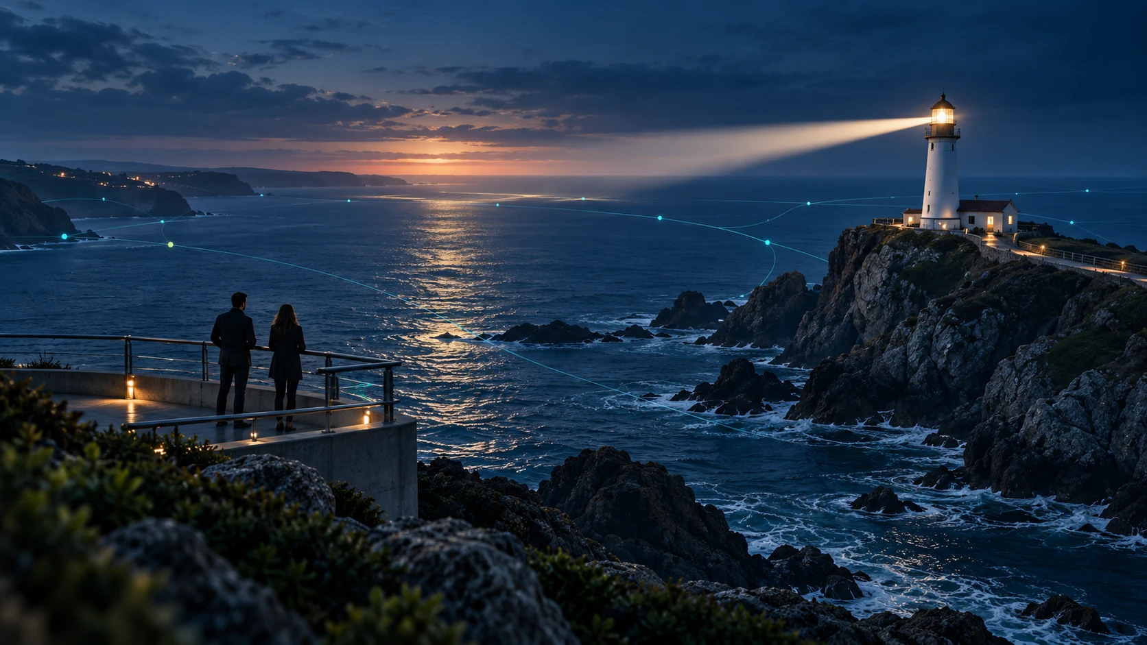 Lighthouse illuminating the Atlantic coast at dusk, with subtle digital connections