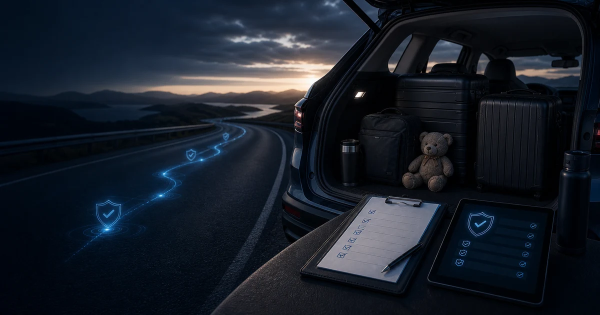 Automóvel preparado para uma viagem com bagagem, checklist e percurso protegido, como metáfora de conformidade e continuidade
