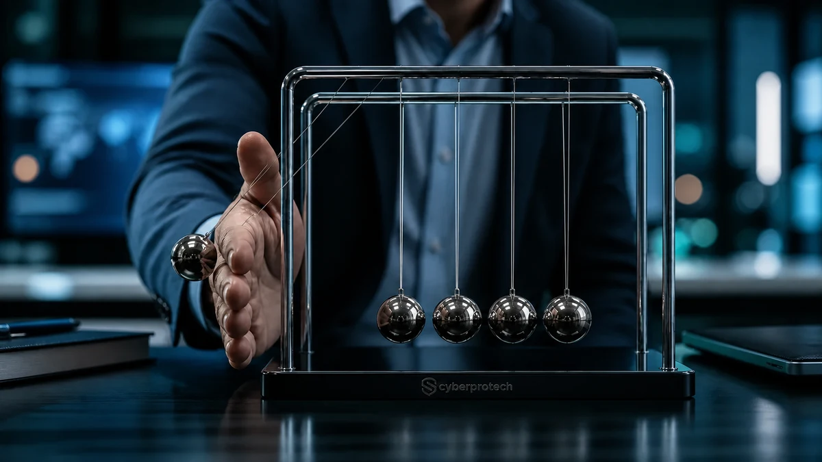 Profissional interrompe o movimento de um pêndulo de Newton para avaliar e preparar a atuação